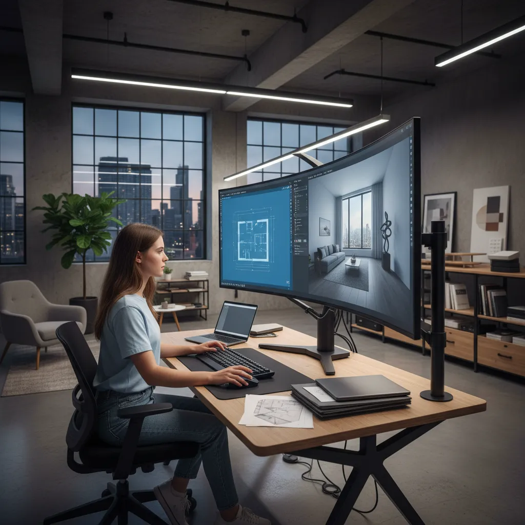 Estudiante utilizando software de diseño 3D para planificar un interior