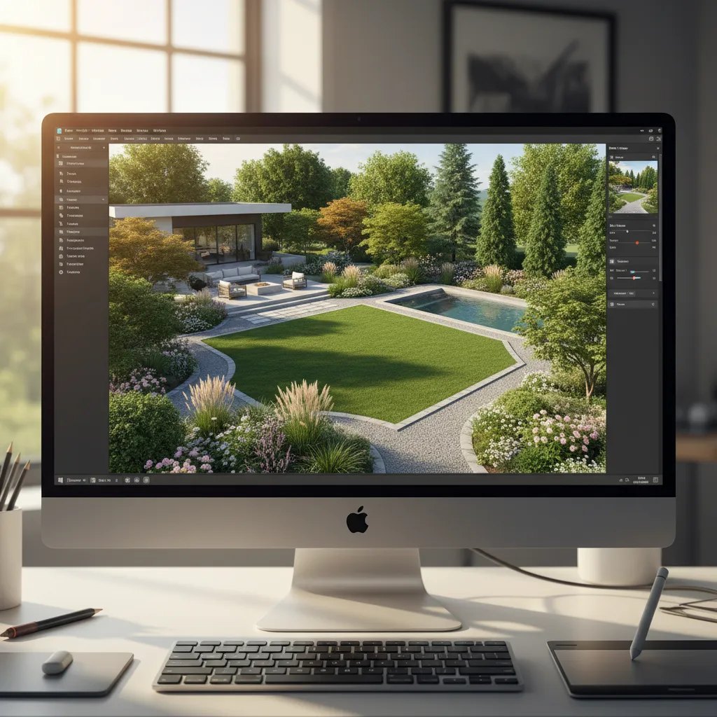 Vista de un software mostrando el diseño 3D de un jardín residencial
