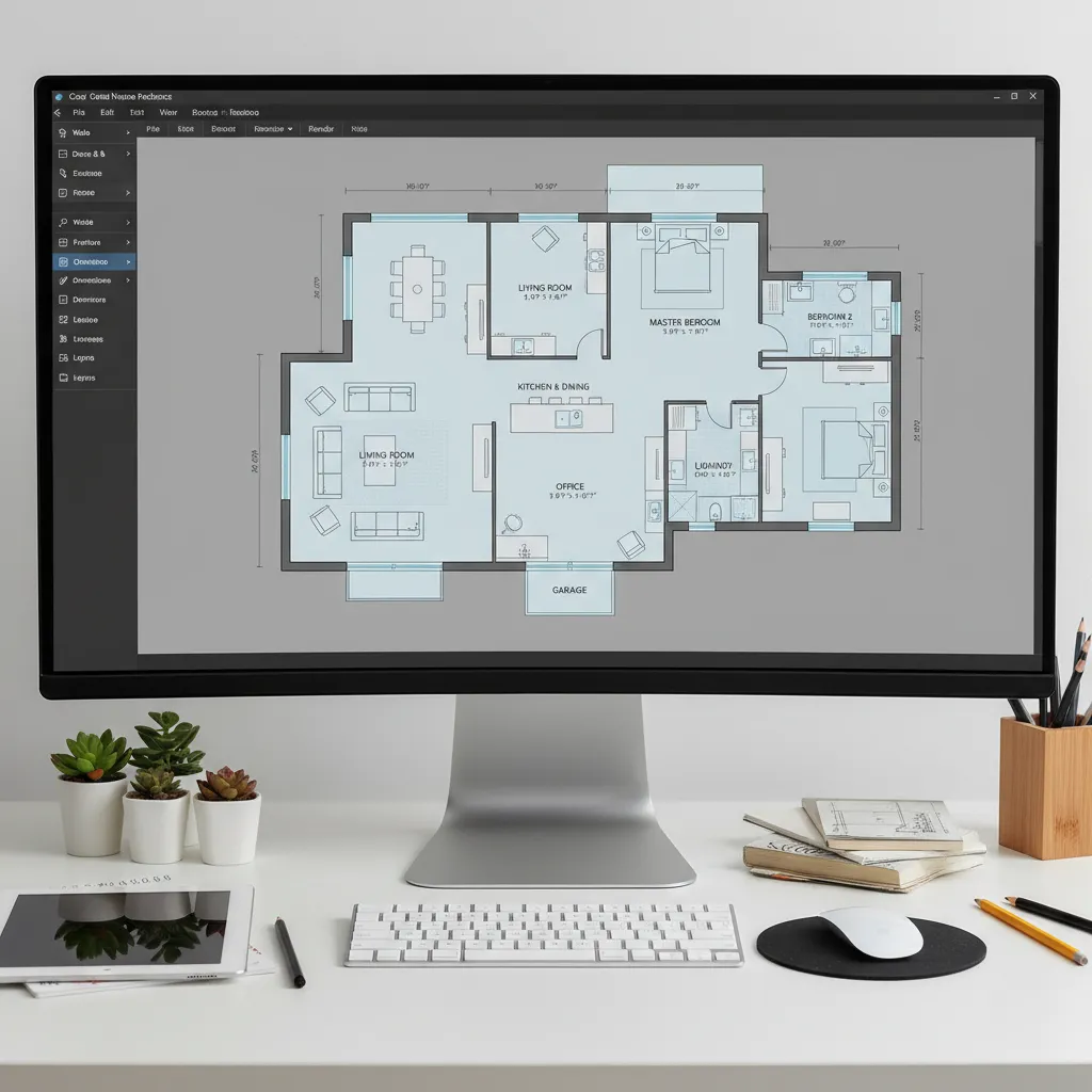 Interfaz de software mostrando un plano de casa con habitaciones y medidas