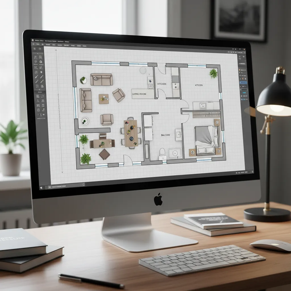 Plano digital de vivienda con habitaciones y mobiliario en software de diseño
