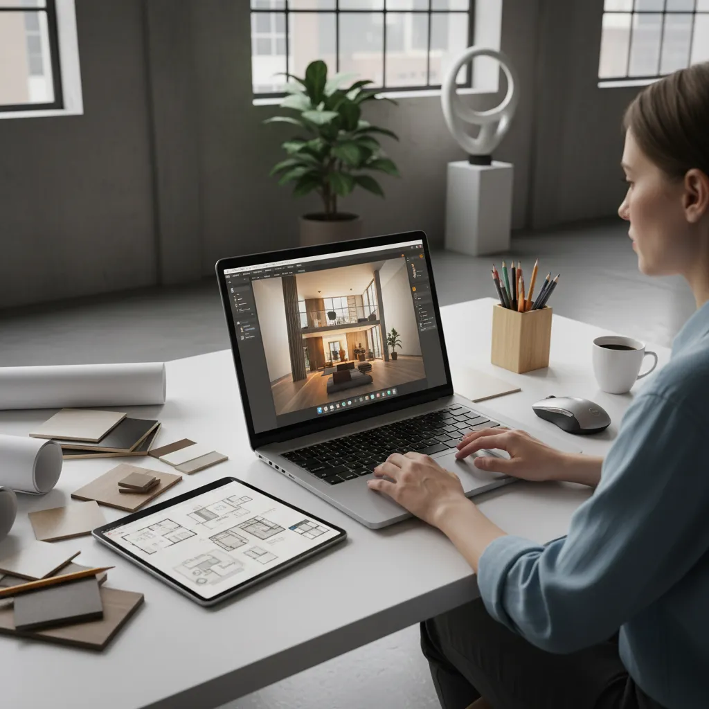 Diseño digital de plano de casa en ordenador con vista 3D