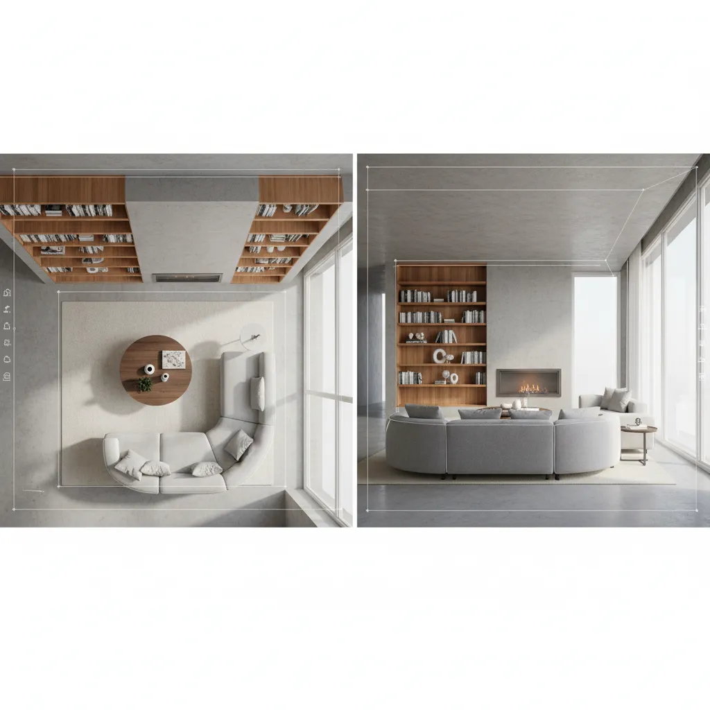 Vista de un salón diseñado en software 3D con sofá, mesa y estantería