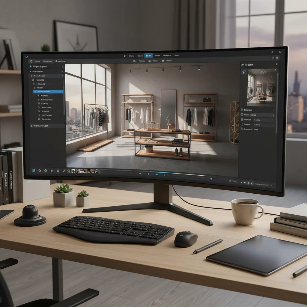 Interfaz de software mostrando diseño interior de tienda en 3D