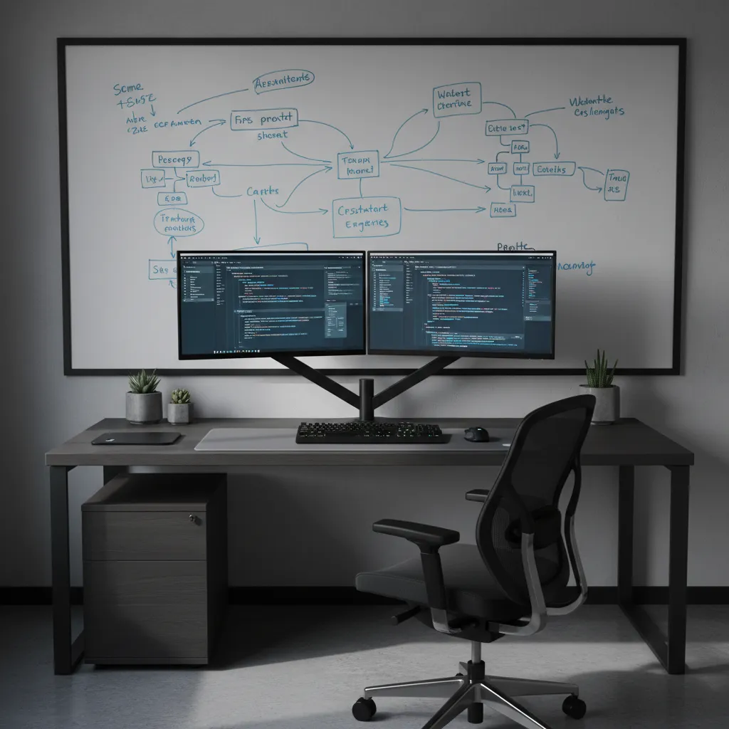 minimal software engineer desk setup with dual monitors and whiteboard wall