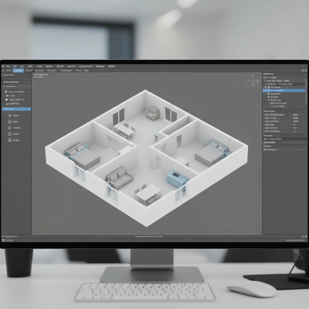 3D modeling interface displaying isometric architectural floor plan