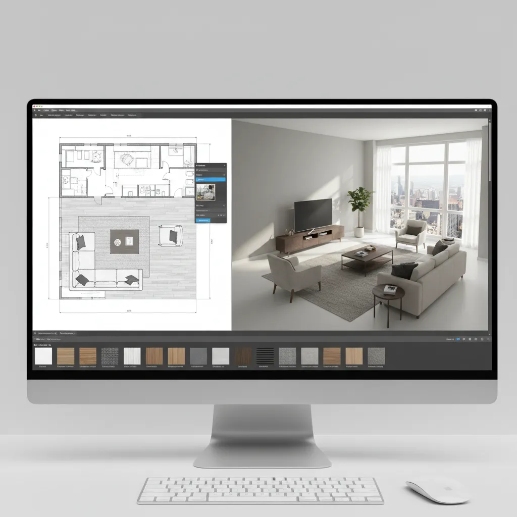 Interfaz de software de diseño interior mostrando plano 2D y vista 3D