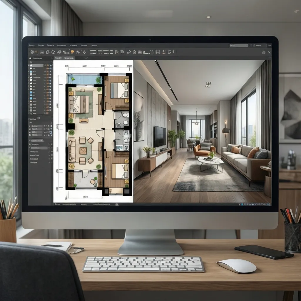 Interfaz de programa de diseño de interiores con plano y vista 3D