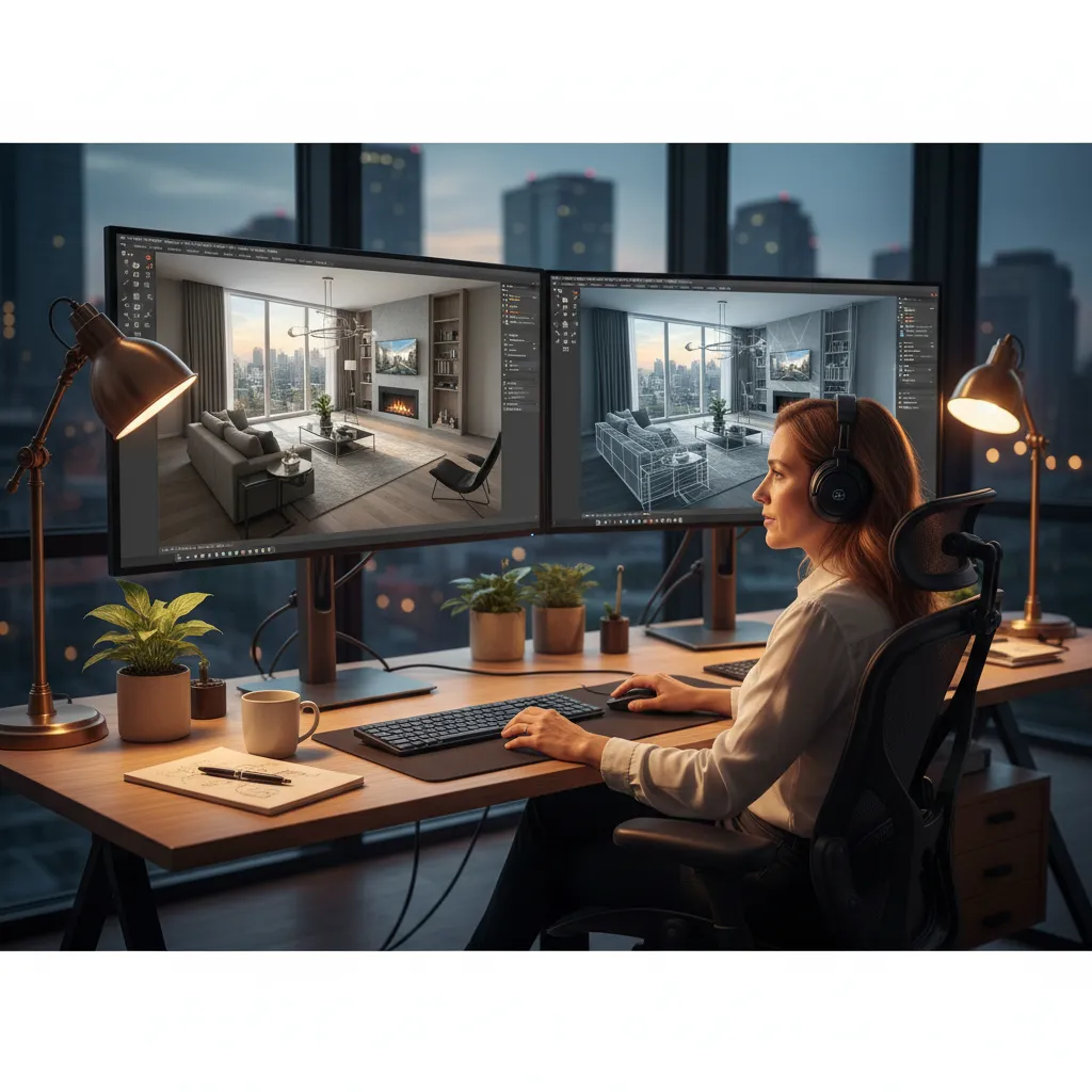 Woman working on dual monitors showing interior design drawing of living room at office desk