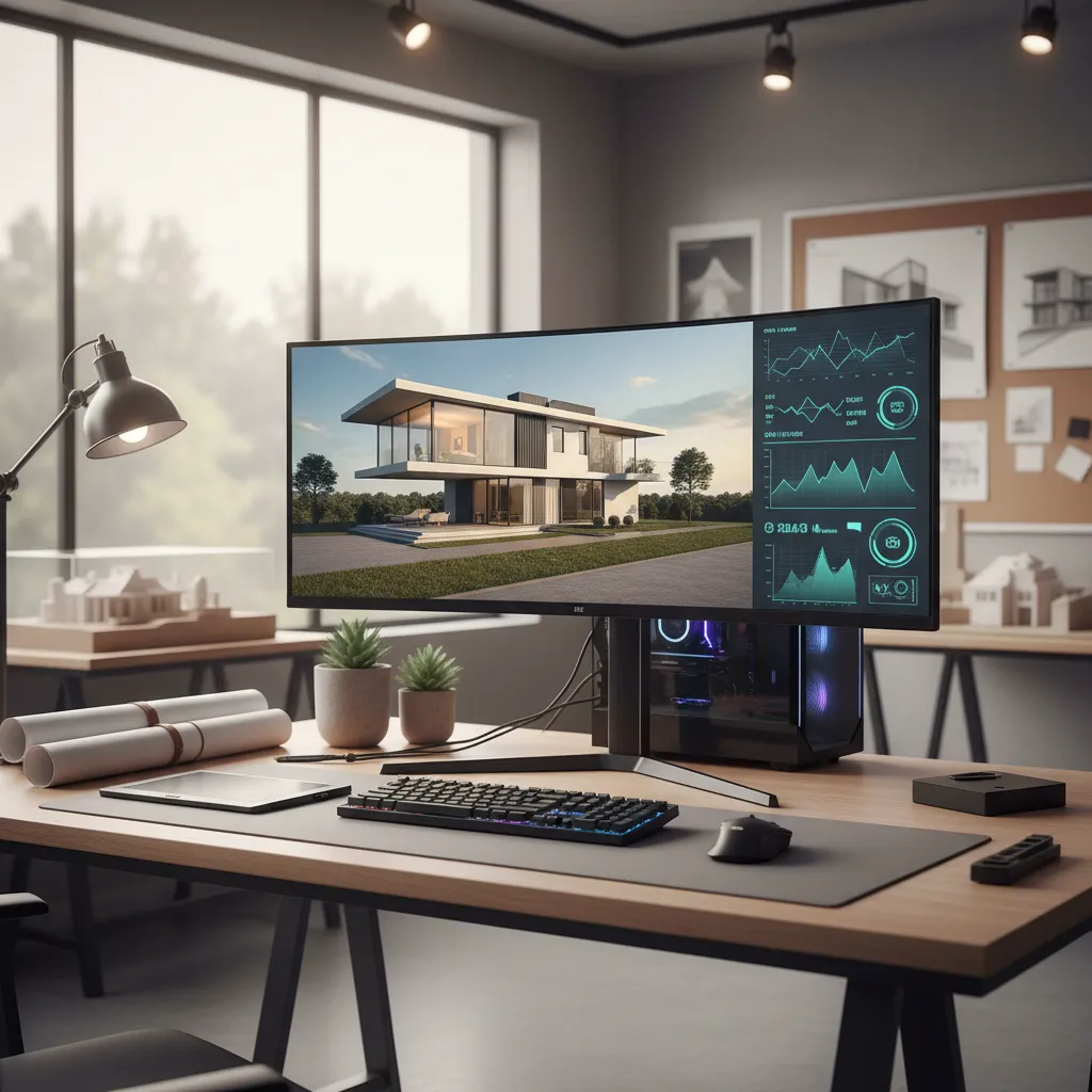 Computer workstation running architectural design software with hardware performance indicators