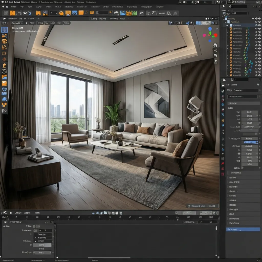 Coohom interior design software showing a modern living room layout with sofa armchairs and windows