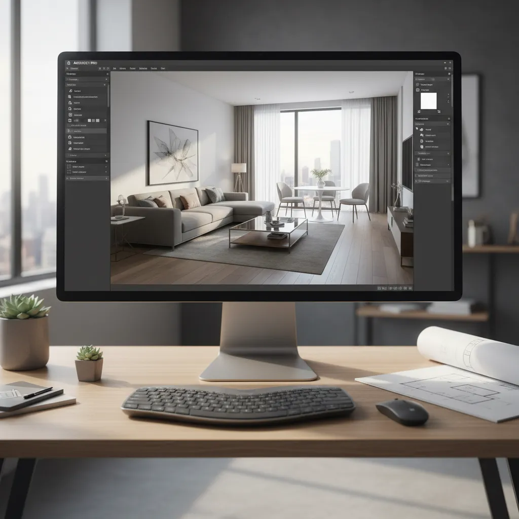 Interfaz de software de diseño mostrando un modelo 3D de una habitación