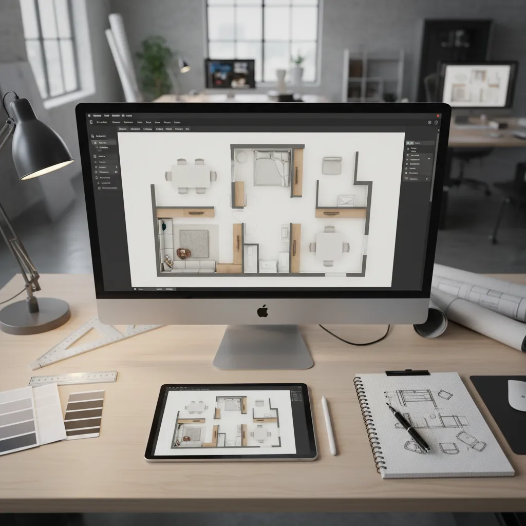 Pantalla de software mostrando plano de distribución de muebles en una sala