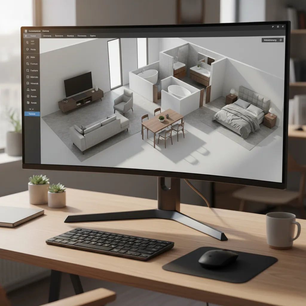 Computer monitor on a wooden desk showing 3D room layout with modern furniture and walls