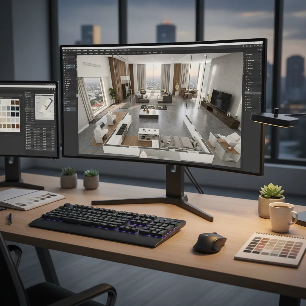 Pantalla mostrando un plano 3D de un apartamento en software de diseño