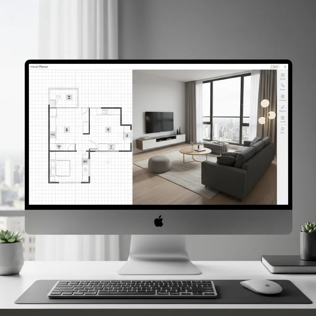 Interfaz de programa de diseño mostrando plano y habitación en 3D