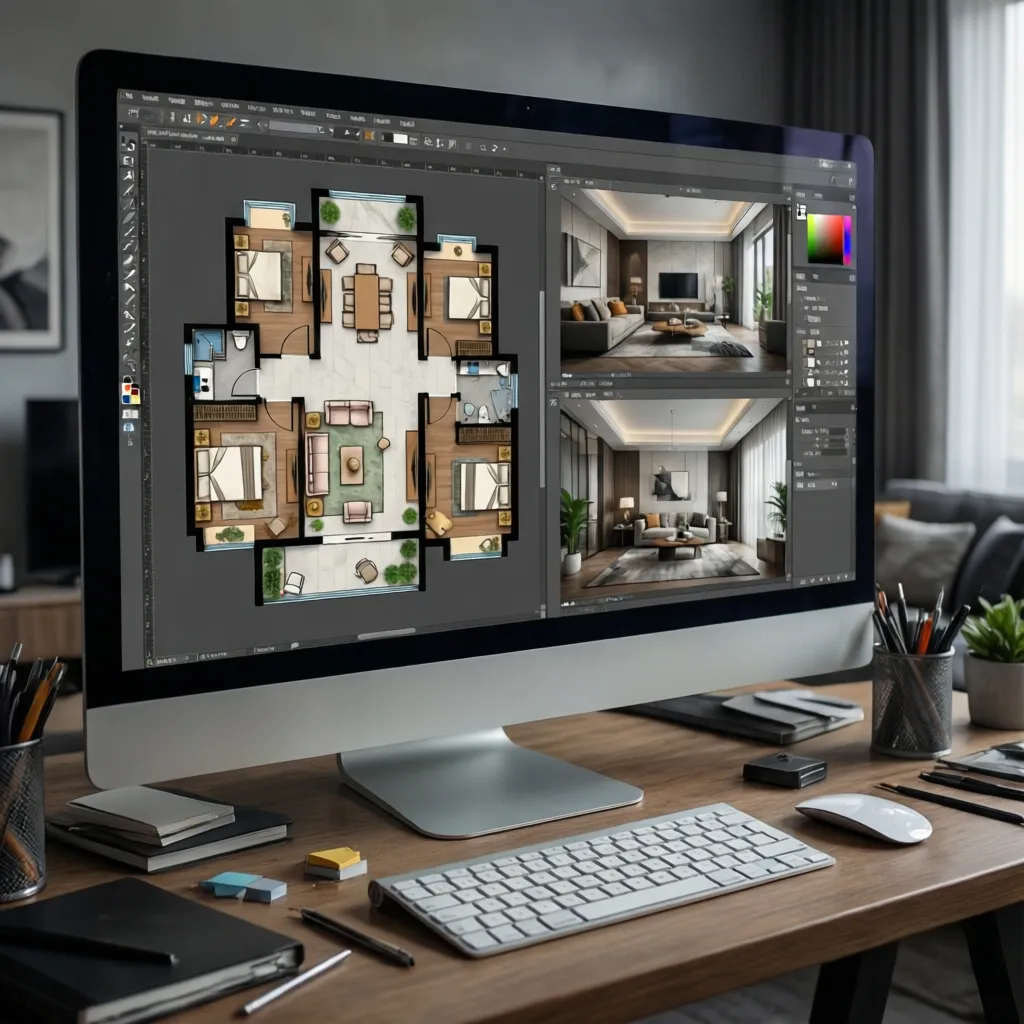 Software de diseño interior mostrando plano de una vivienda