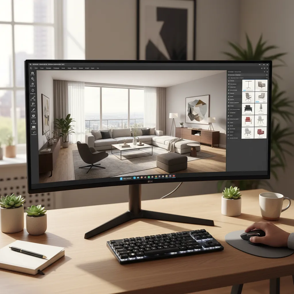 Pantalla de ordenador mostrando software de diseño de interiores con plano y catálogo de muebles