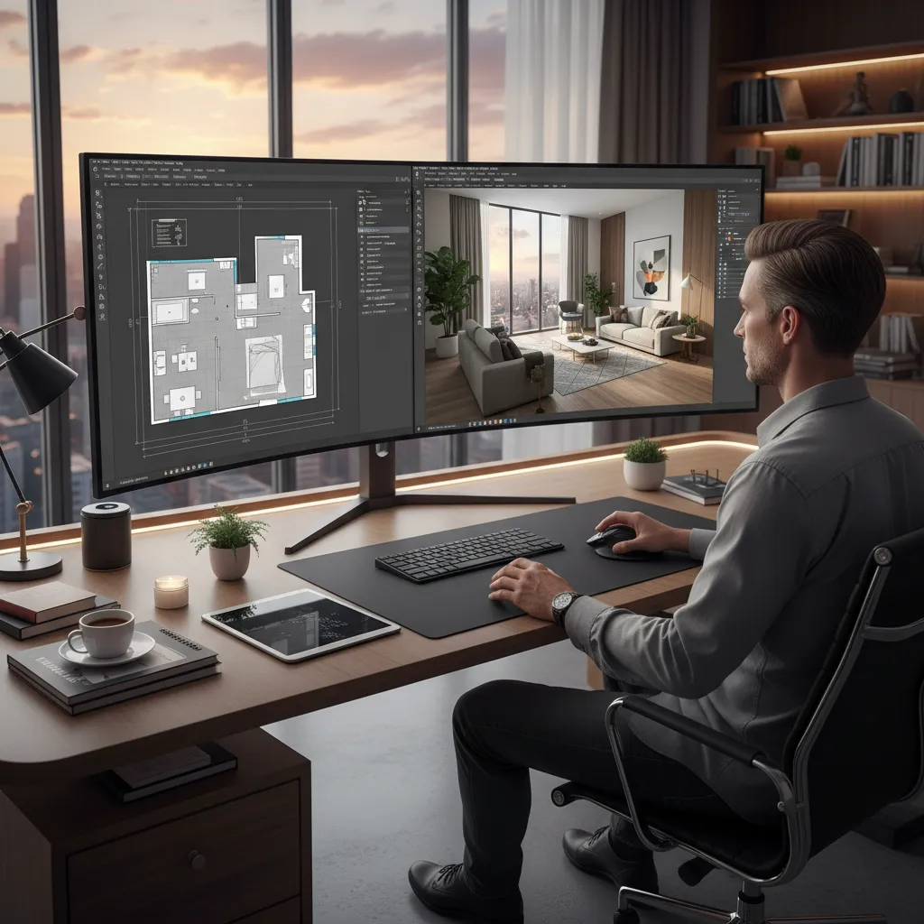 Pantalla con diseño 3D de una vivienda usado en planificación de interiores
