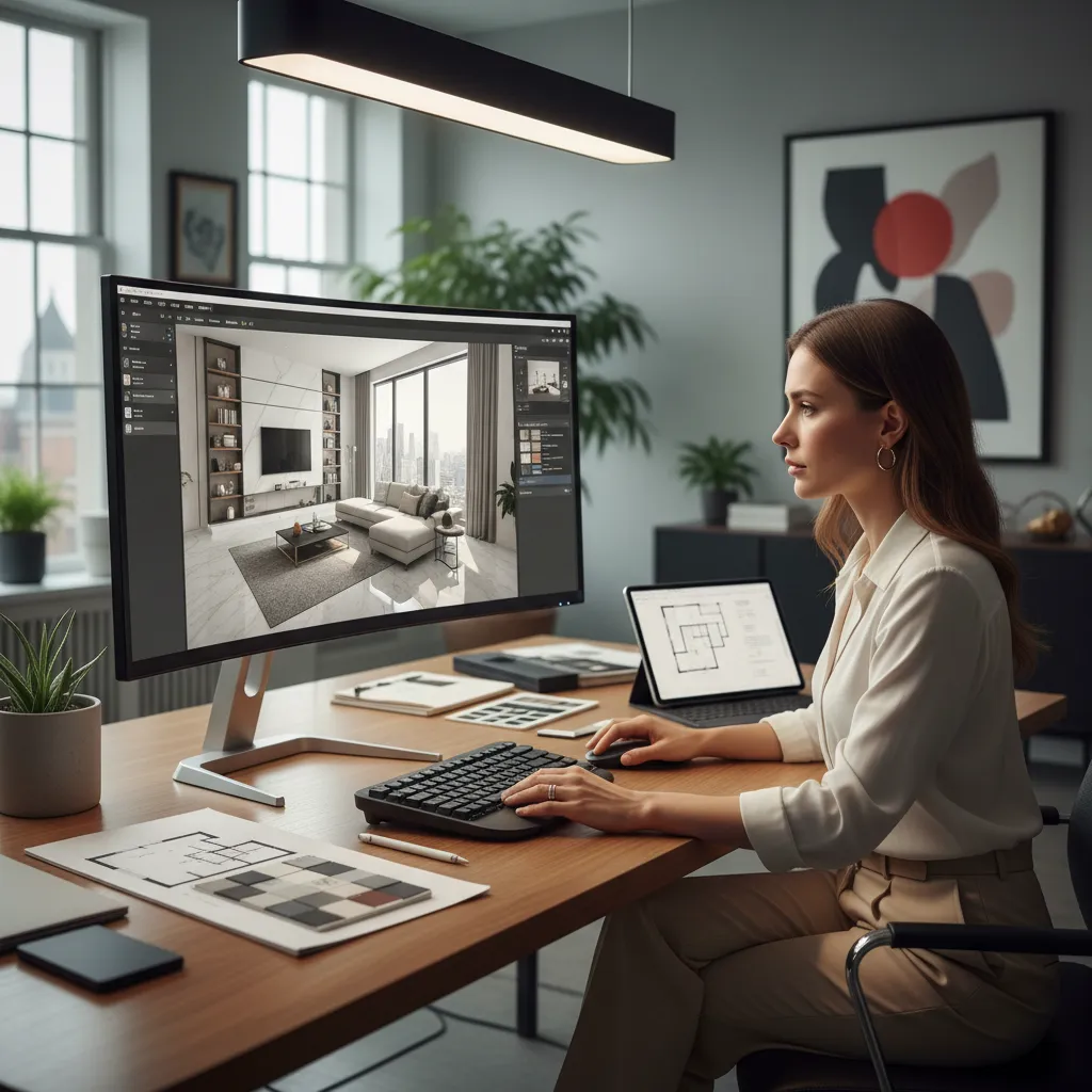 Diseñador utilizando software de planificación de interiores en ordenador