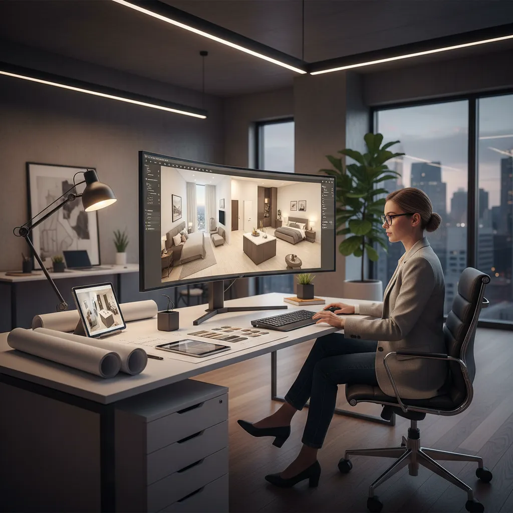 Diseñador trabajando en planificación 3D de interiores en ordenador