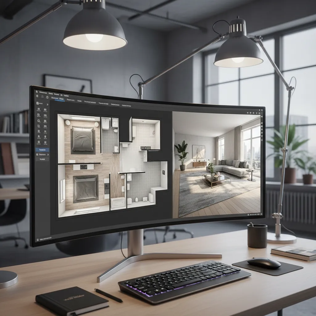 Computer monitor on desk showing software with room layout and a modern living room drawing