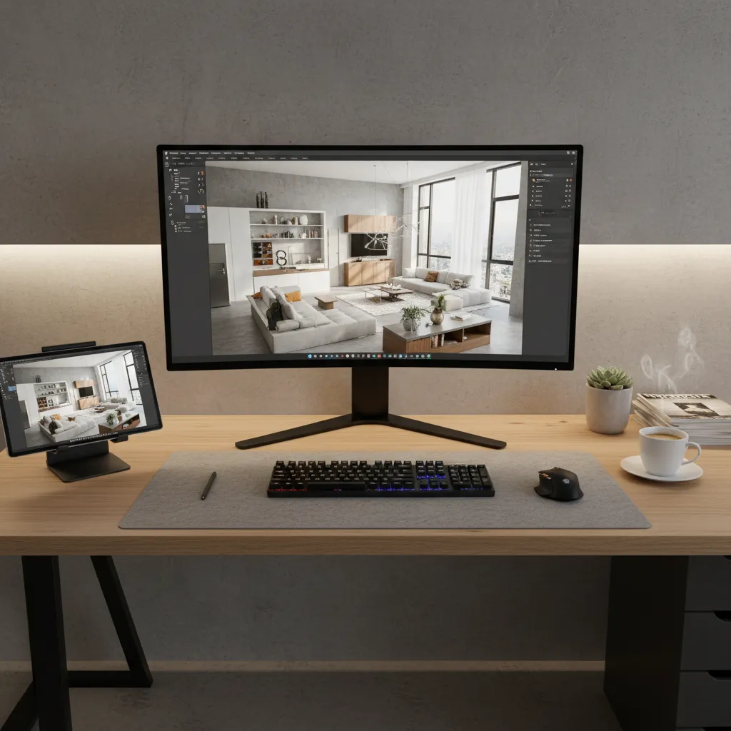 Pantalla de ordenador mostrando un plano 3D de un apartamento diseñado digitalmente