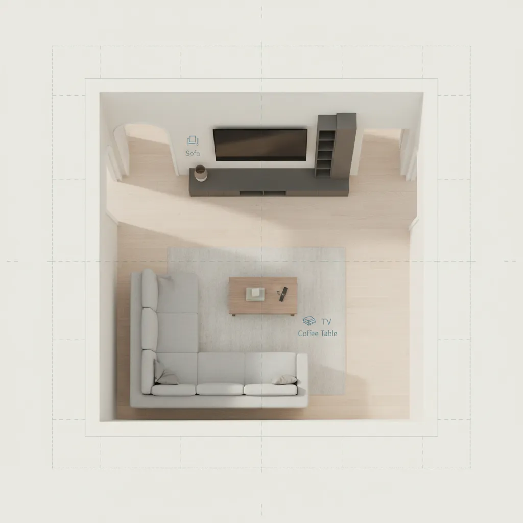 Plano digital de salón con muebles organizados en software de diseño