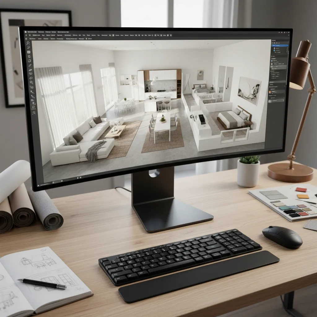 Pantalla con software de planificación de interiores y plano 3D de una vivienda