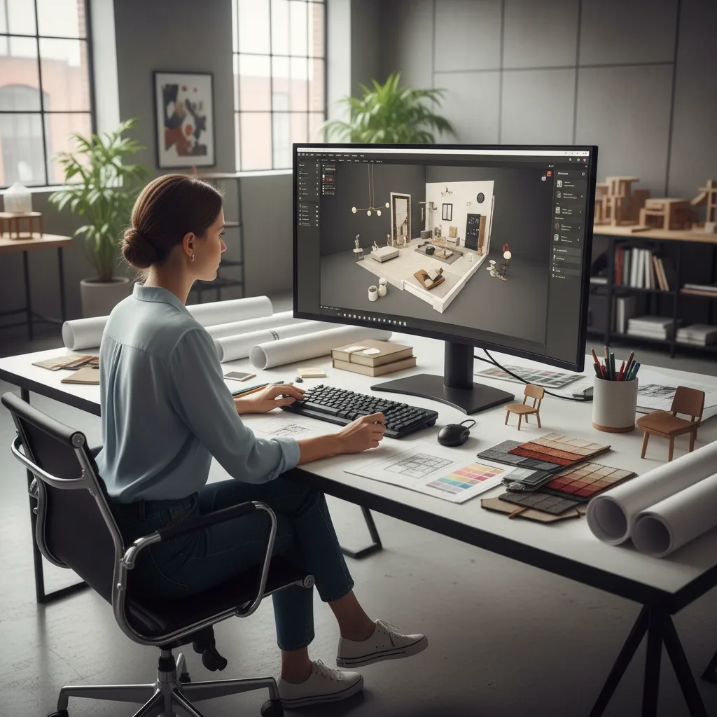 Diseñador utilizando software 3D para planificar distribución de vivienda