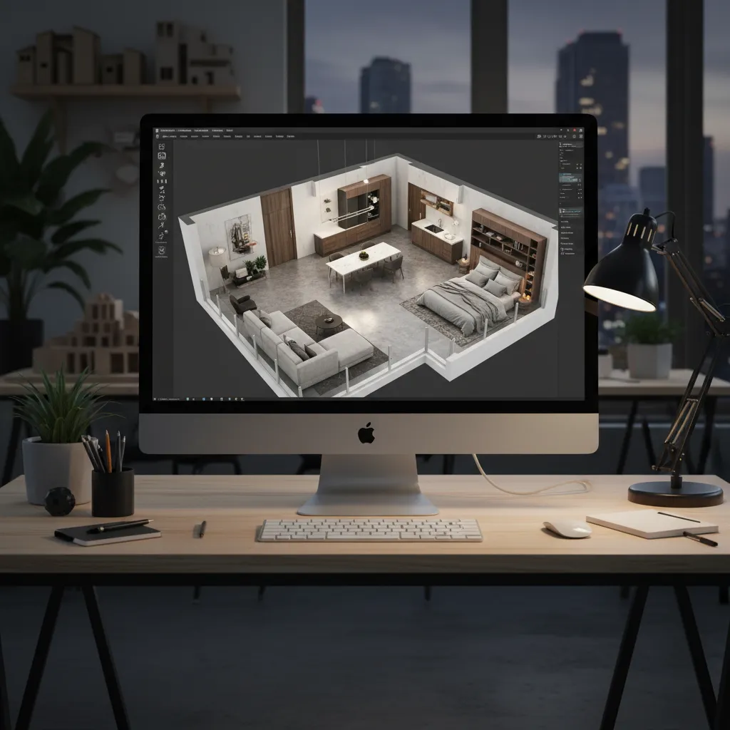 Pantalla de ordenador mostrando un plano 3D de una vivienda en software de diseño