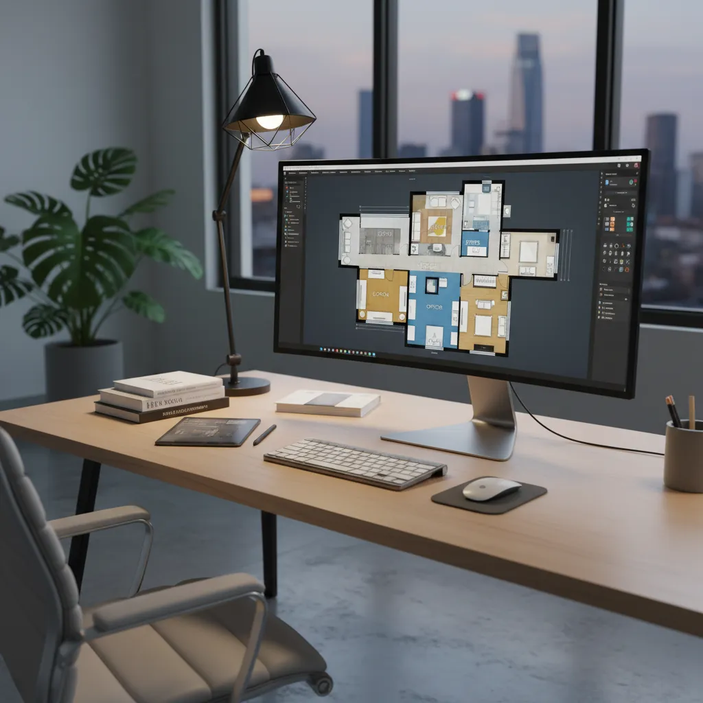 Computer monitor showing a floor plan editor with colorful room layout on a wooden desk
