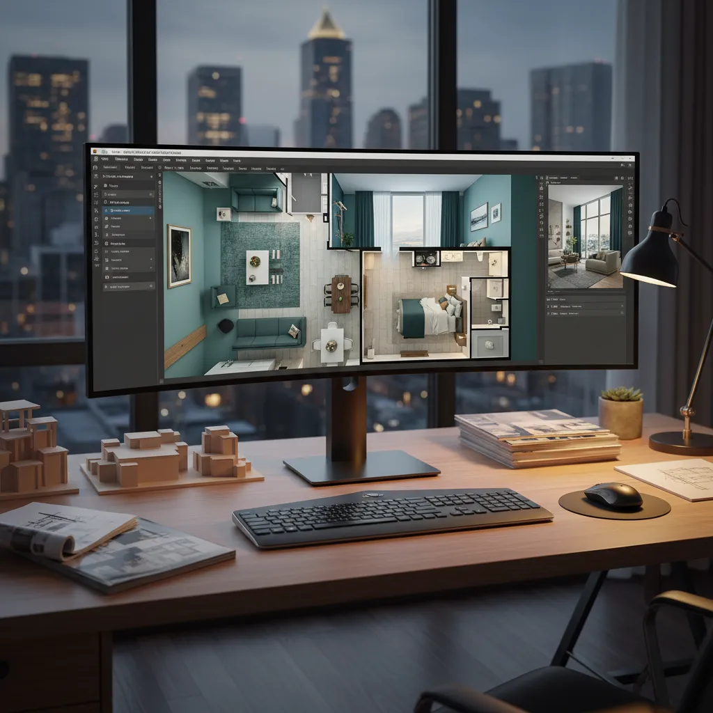 Computer monitor showing interior design drawing of apartment layout with furniture on a wooden desk