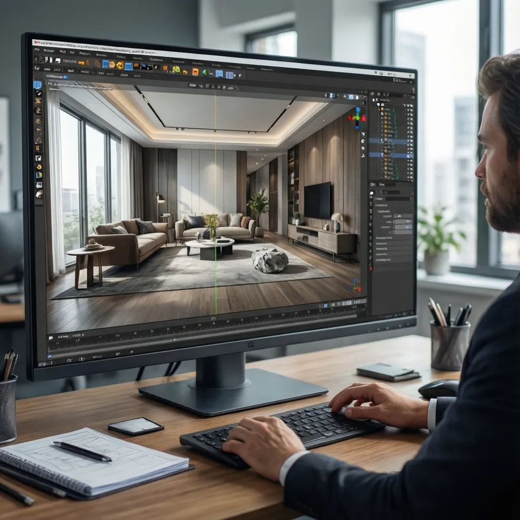 Diseñador utilizando software 3D para planificar un interior