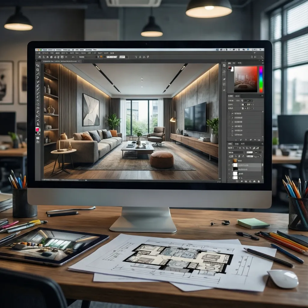 Pantalla de ordenador mostrando un plano digital de diseño de interiores