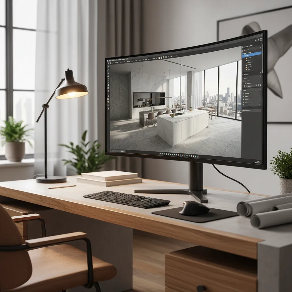 Pantalla de computadora mostrando plano de casa en 3D para diseño interior