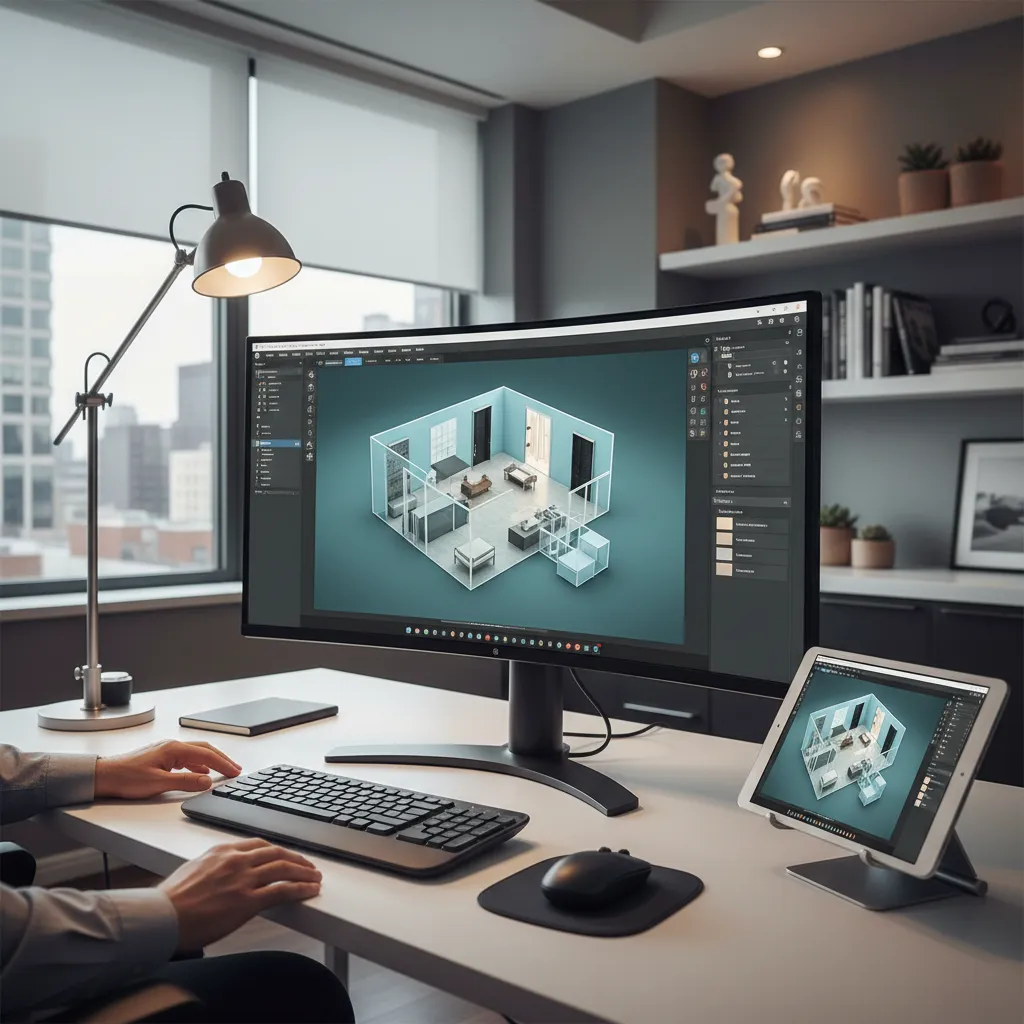 Pantalla de ordenador mostrando un plano 3D de un apartamento en proceso de diseño