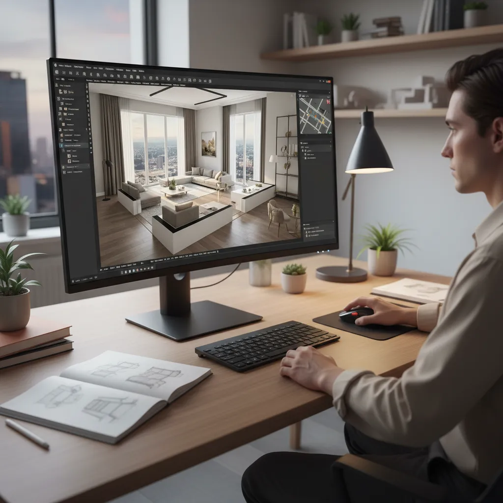Pantalla de ordenador mostrando plano 3D de un apartamento
