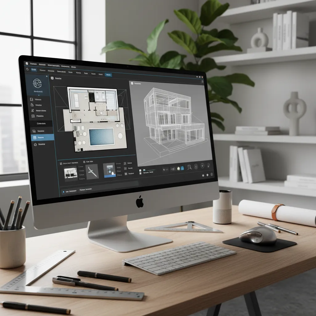 Pantalla mostrando software de planificación de interiores con plano y modelo 3D