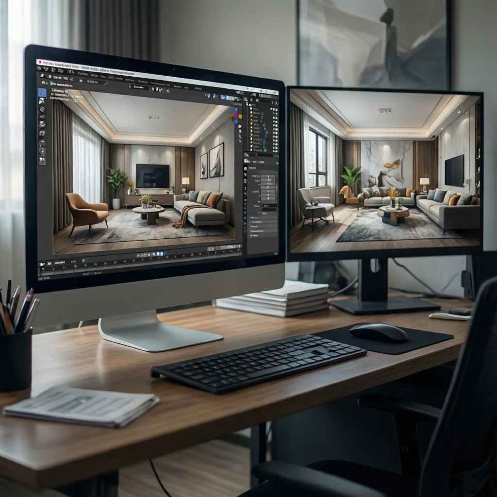 Two monitors displaying a living room interior design drawing and software on a wooden desk