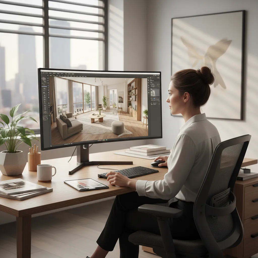Diseñador utilizando software de planificación de interiores en computadora