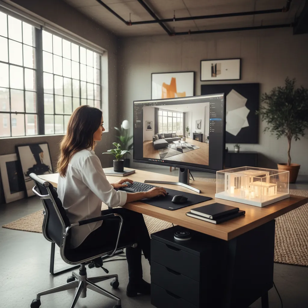 Woman using interior design software on a computer showing a modern living room design layout