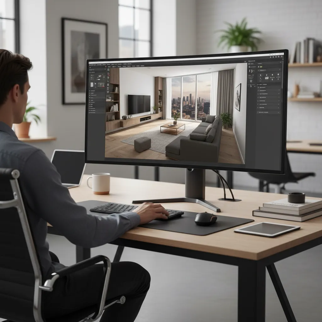 Man using interior design software on large monitor showing a modern living room design drawing