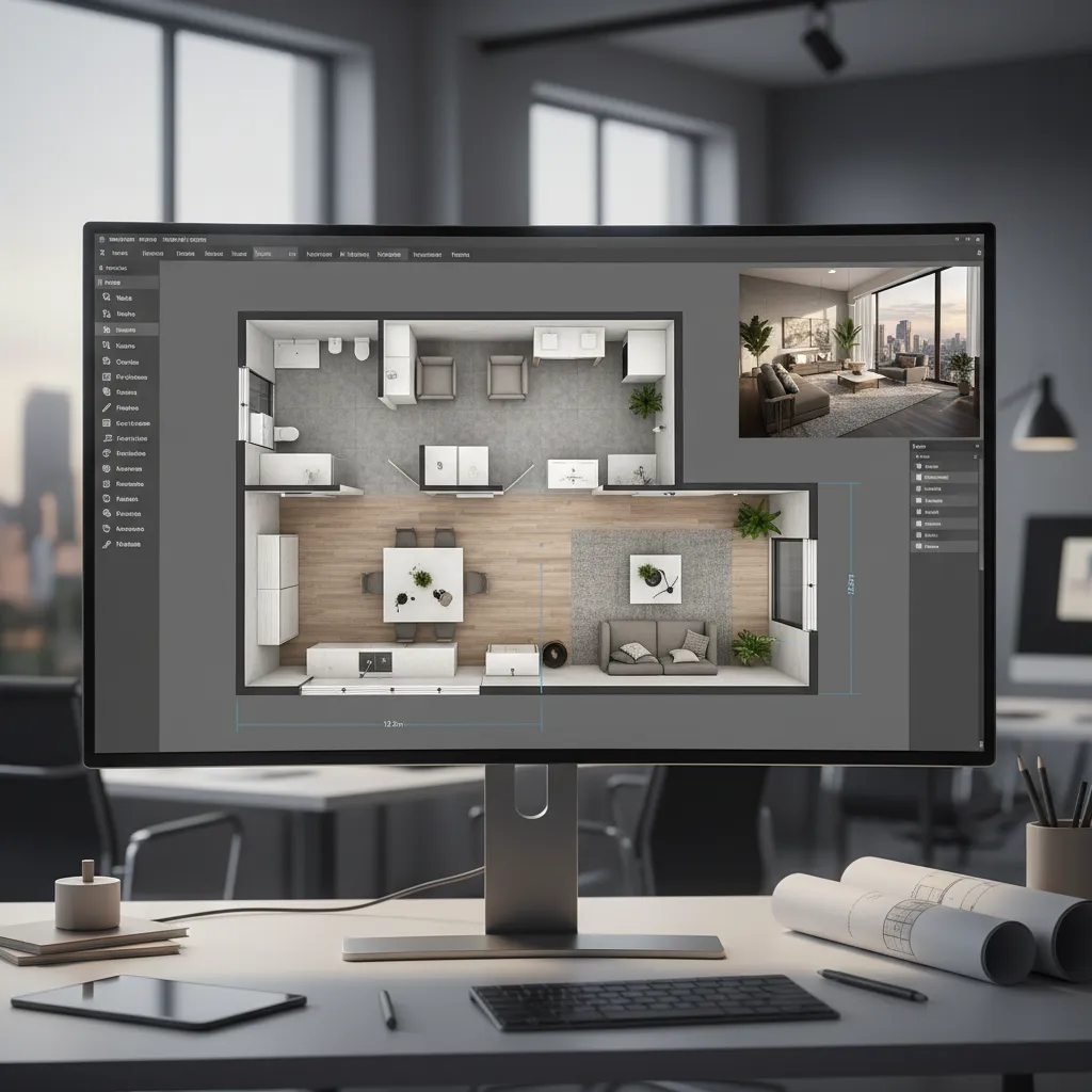 pantalla con software de planificación de espacios interiores en 3D