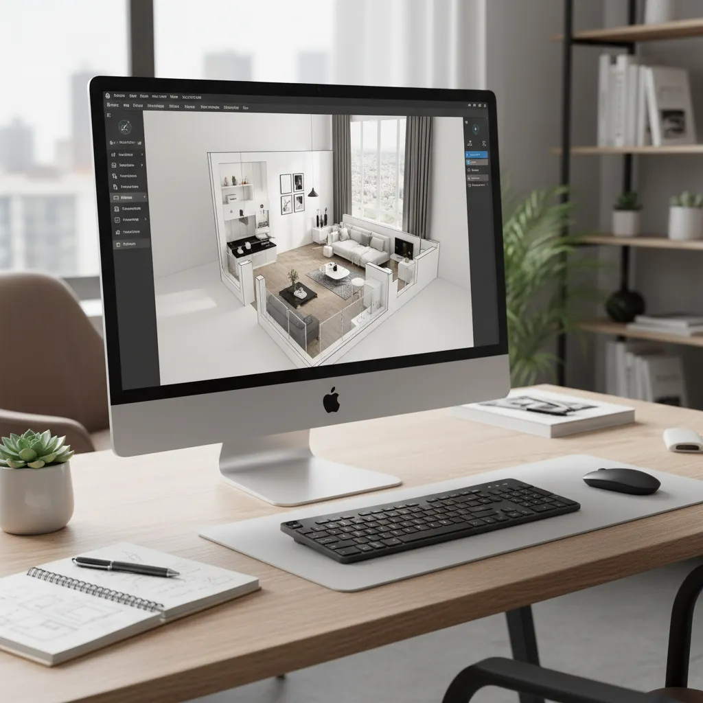 Pantalla de ordenador con software de planificación de interiores en 3D