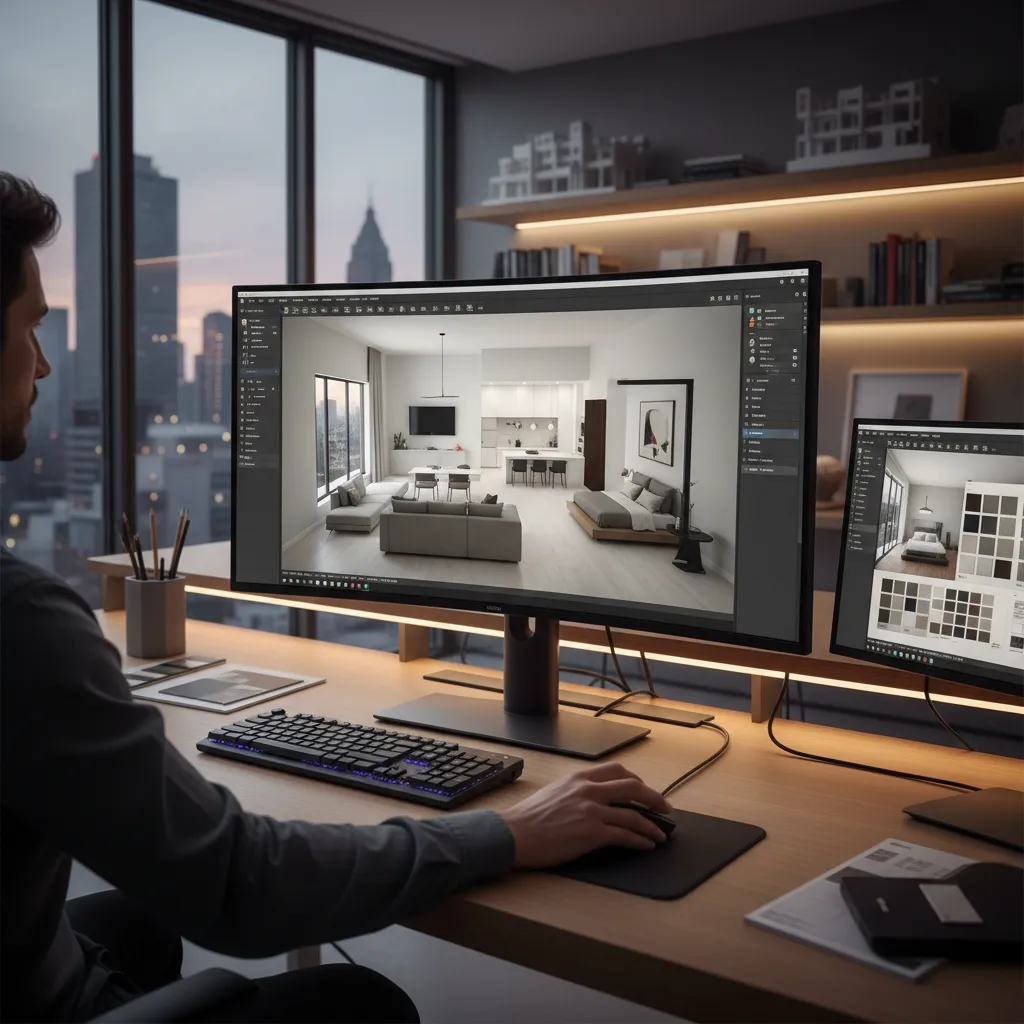 Pantalla con software de planificación de espacios interiores en 3D