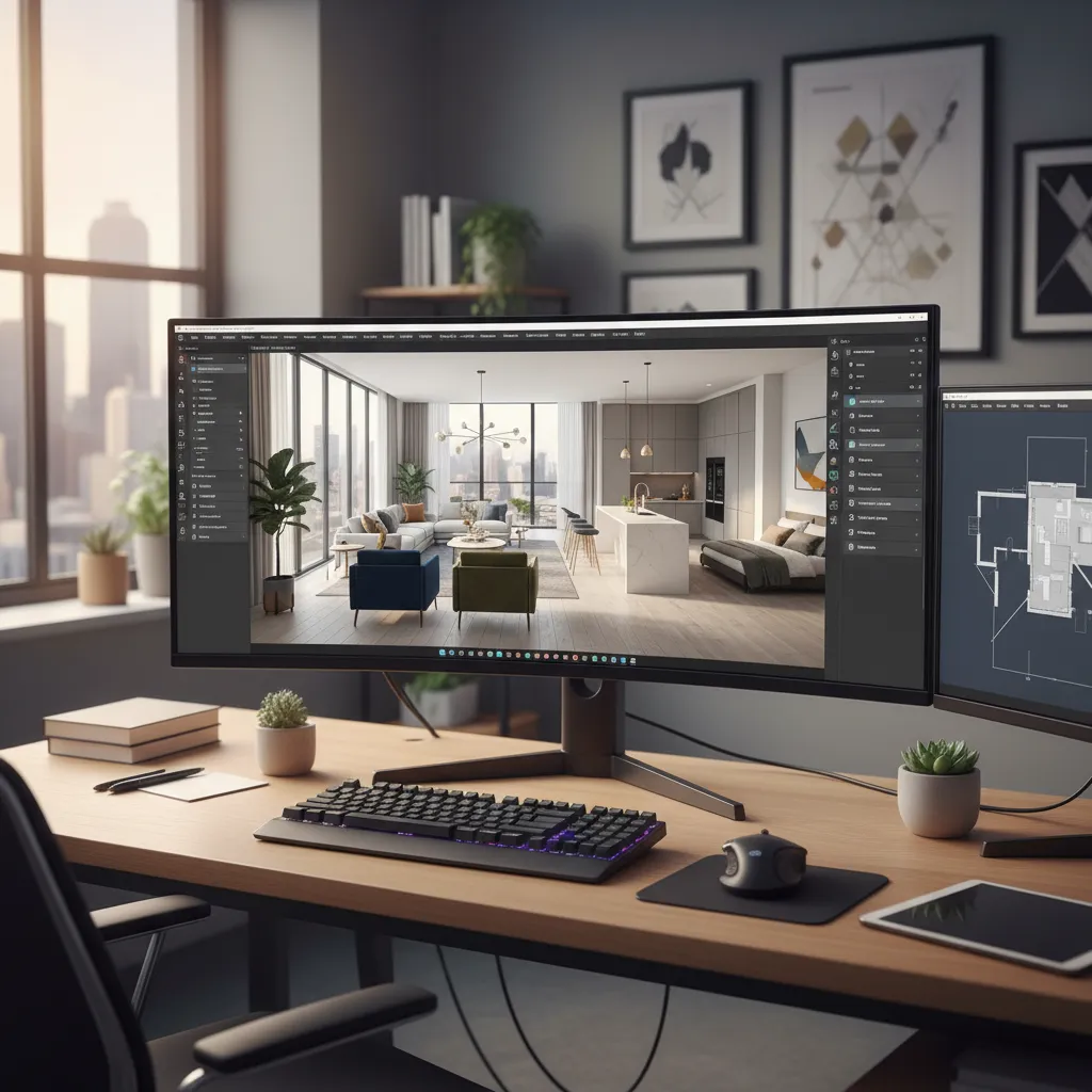 Pantalla mostrando un modelo 3D de un apartamento diseñado digitalmente