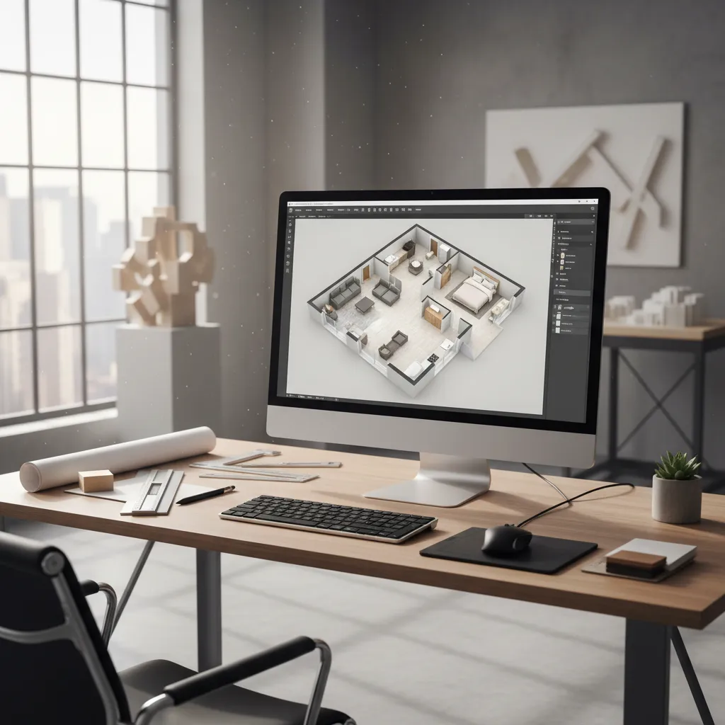 Pantalla de ordenador mostrando plano 3D de un apartamento