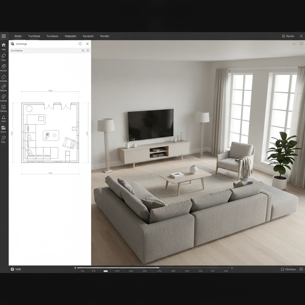 pantalla de ordenador mostrando plano 3D de salón con muebles