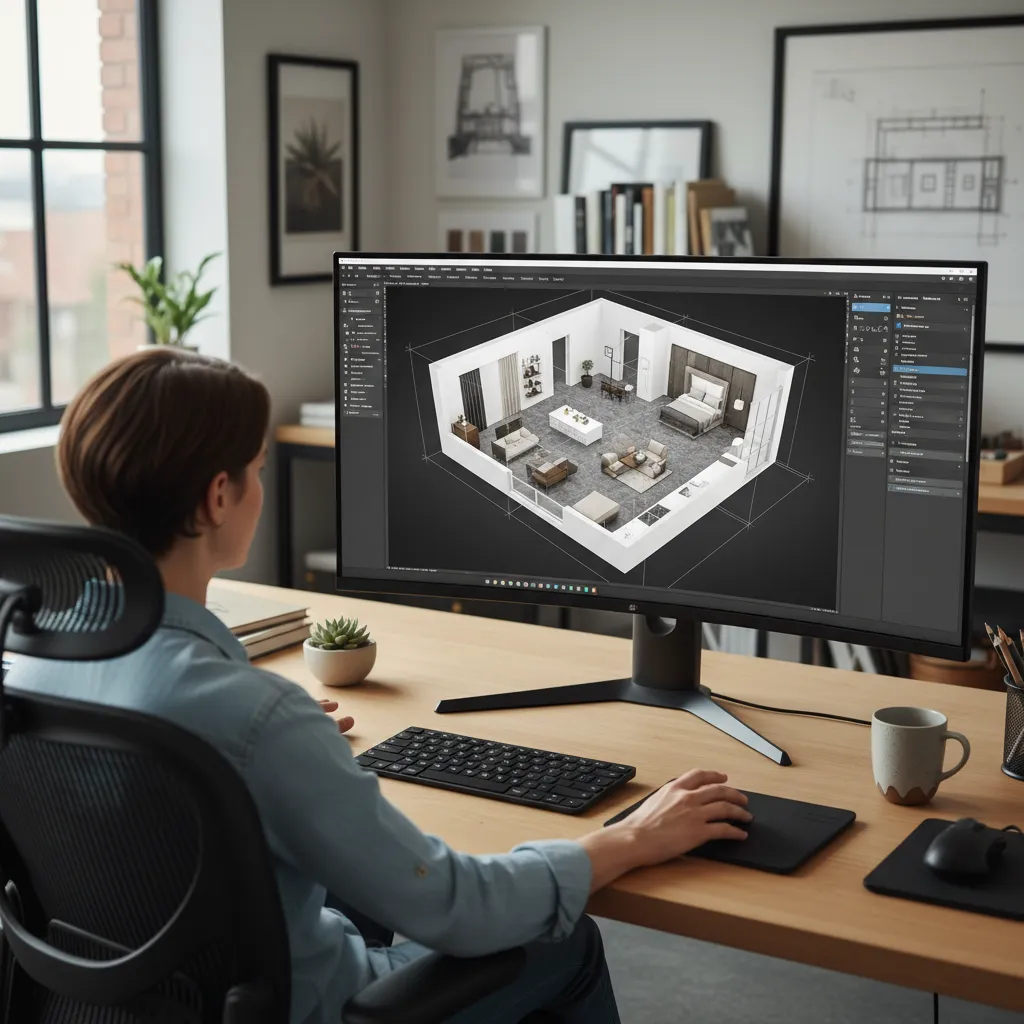 Pantalla de ordenador mostrando un plano 3D de un apartamento en diseño de interiores