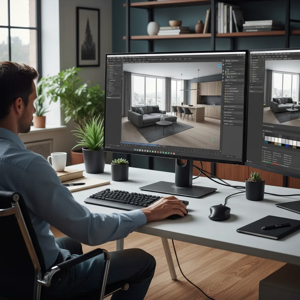Man using interior design software on dual monitor setup to create modern living room layout
